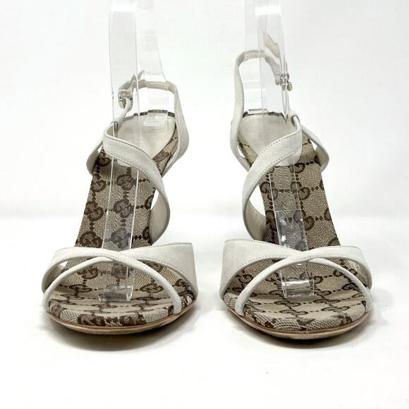Gucci Mystic White Suede GG Monogram Strappy Stiletto Sandals 8.5B - Picture 4 of 10